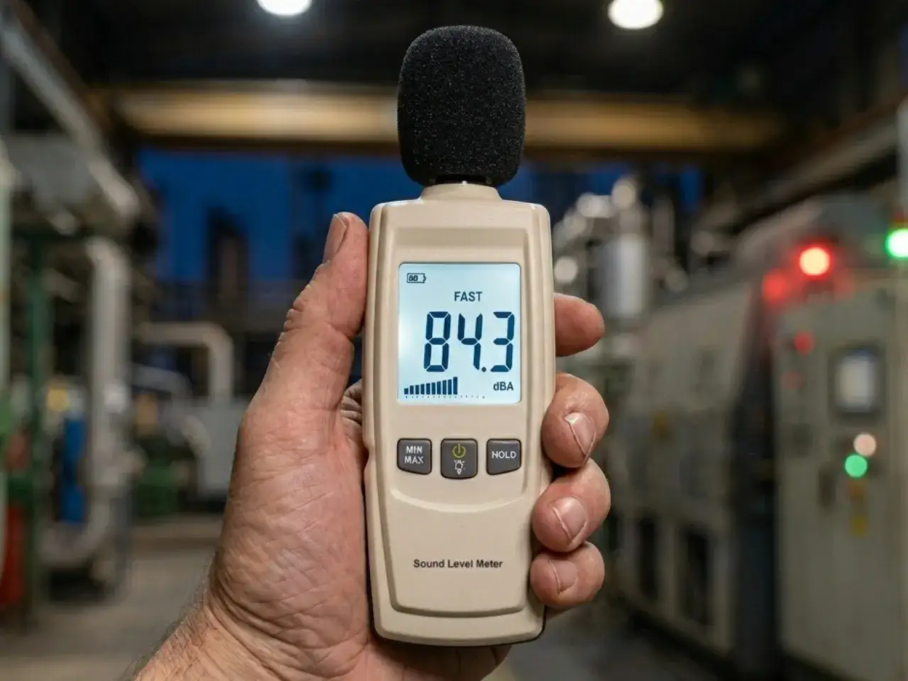 Medidor de sonido muestra 84.3 dBA, ilustrando la diferencia entre dB y dBA al medir el ruido industrial.