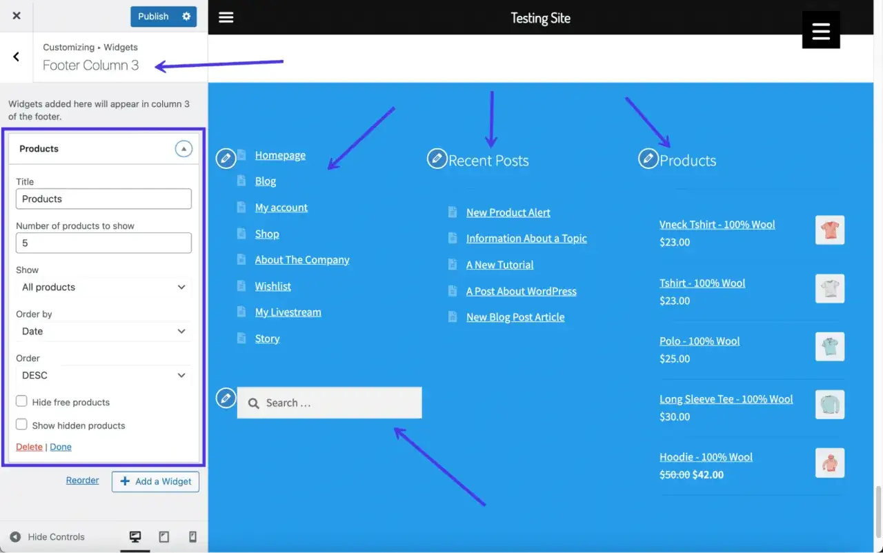 Interface WordPress pour modifier le footer, affichant la configuration du widget