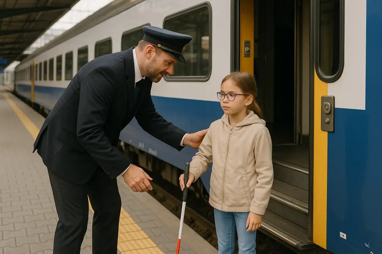 Konduktor pomaga dziewczynce z białą laską wsiąść do pociągu. Kto ma zniżki na PKP? Dzieci i osoby z niepełnosprawnościami często podróżują taniej.