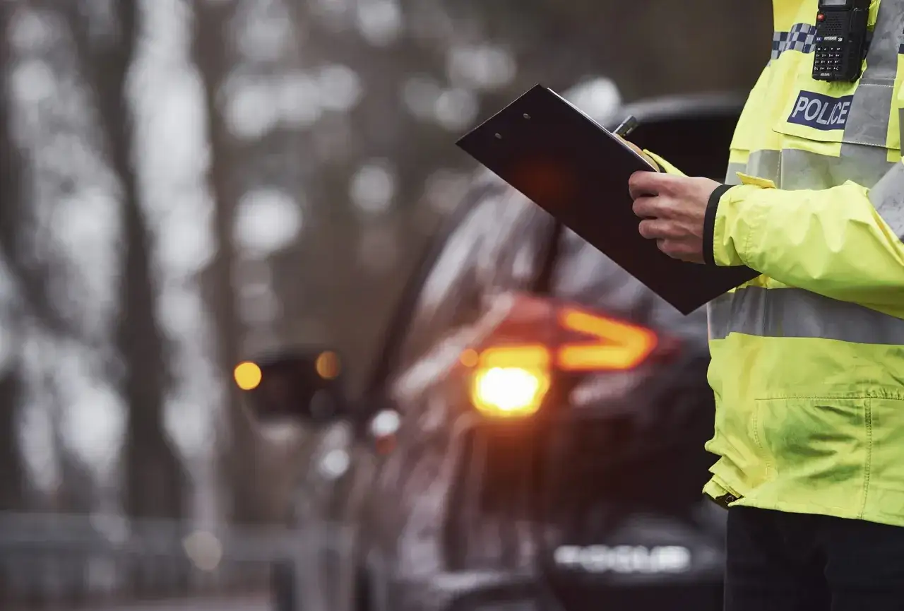 Agente de polic&iacute;a con chaleco reflectante anota una multa por tener un trabajador sin asegurar.