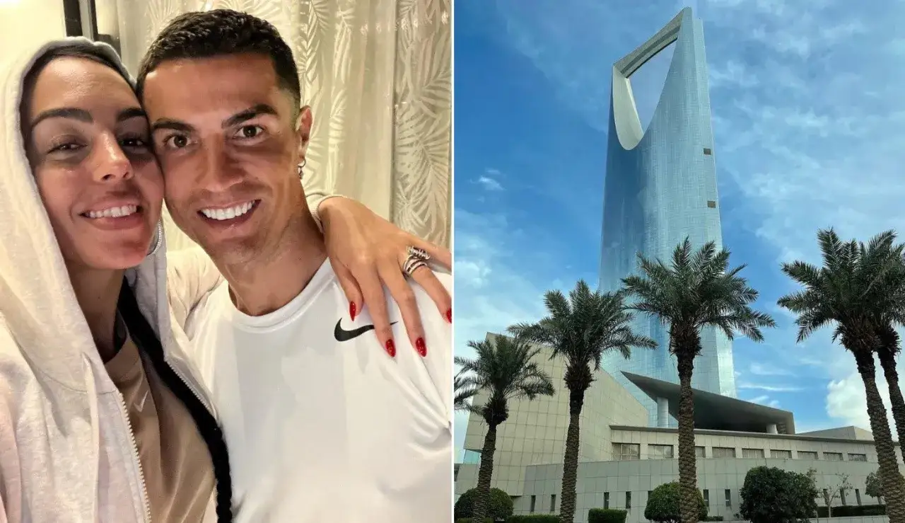 Cristiano Ronaldo mieszka w Arabii Saudyjskiej. Na zdjęciu on i Georgina z charakterystycznym budynkiem w tle.