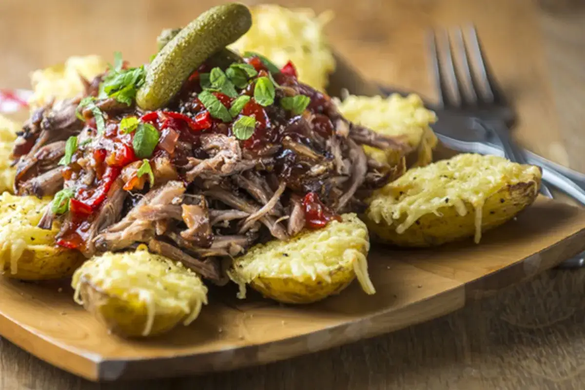 En gener&ouml;s portion pulled pork med klyftpotatis, toppad med picklad gurka och f&auml;rska &ouml;rter. En h&auml;rlig m&aring;ltid!