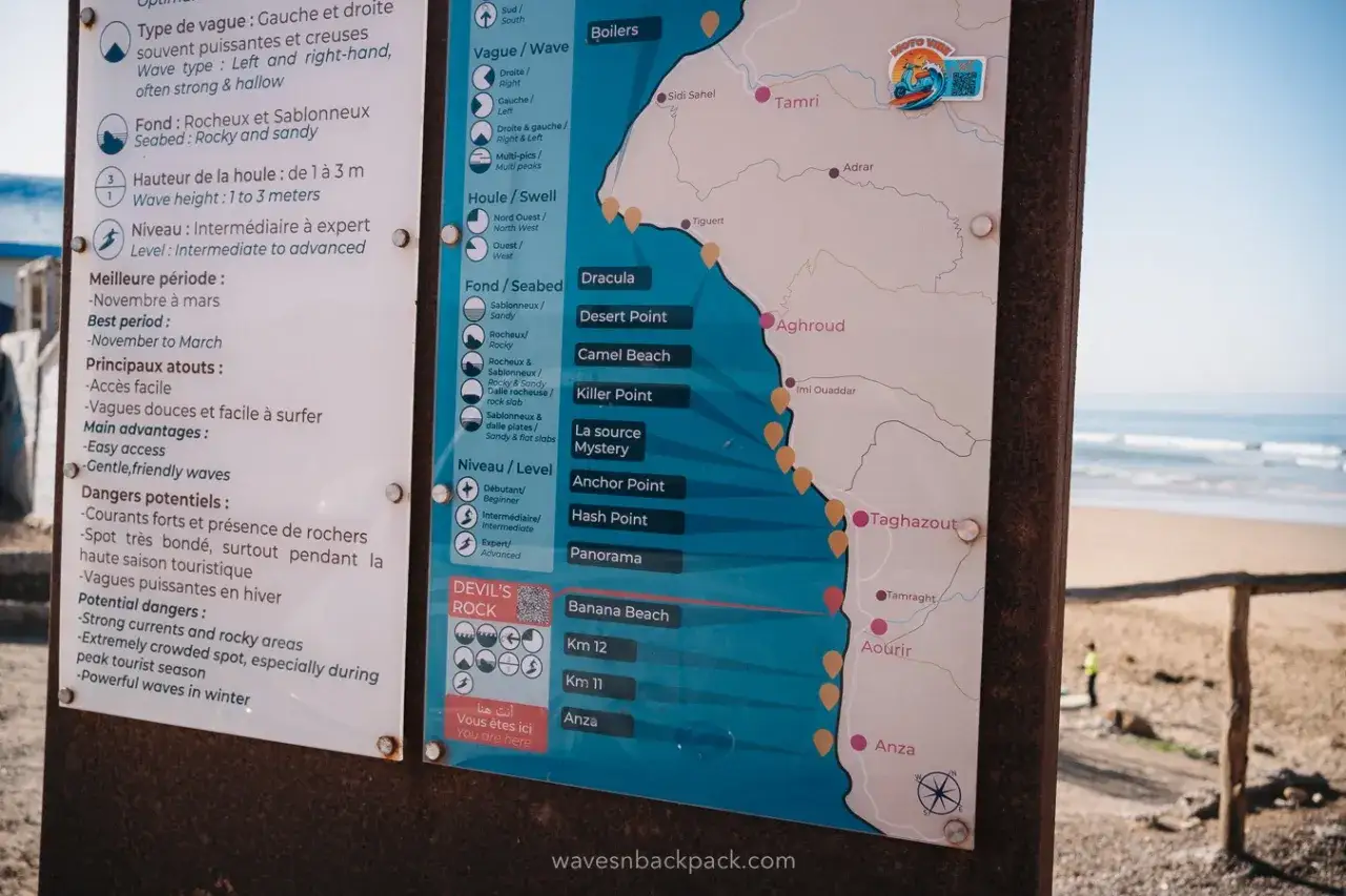 Mapa surfingu w Maroku, pokazująca miejsca takie jak Taghazout i Aourir. Gdzie leży Maroko? Na północno-zachodnim wybrzeżu Afryki.