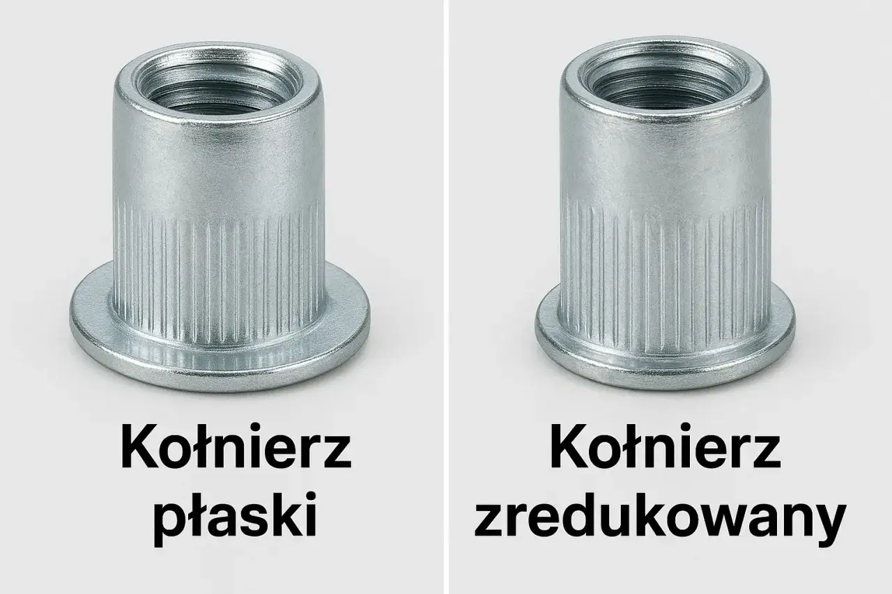 Dwa metalowe nitonakrętki: jeden z kołnierzem płaskim, drugi z kołnierzem zredukowanym.
