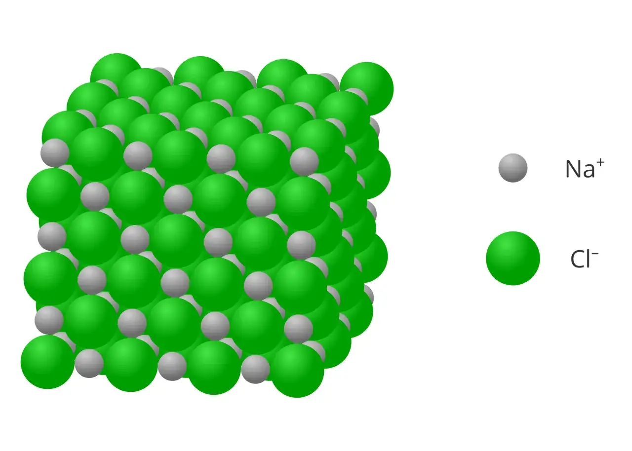 Siatka krystaliczna chlorku sodu (NaCl), ilustrująca skład chemiczny organizmów. Zielone kule to jony chlorkowe (Cl⁻), a szare to jony sodu (Na⁺).