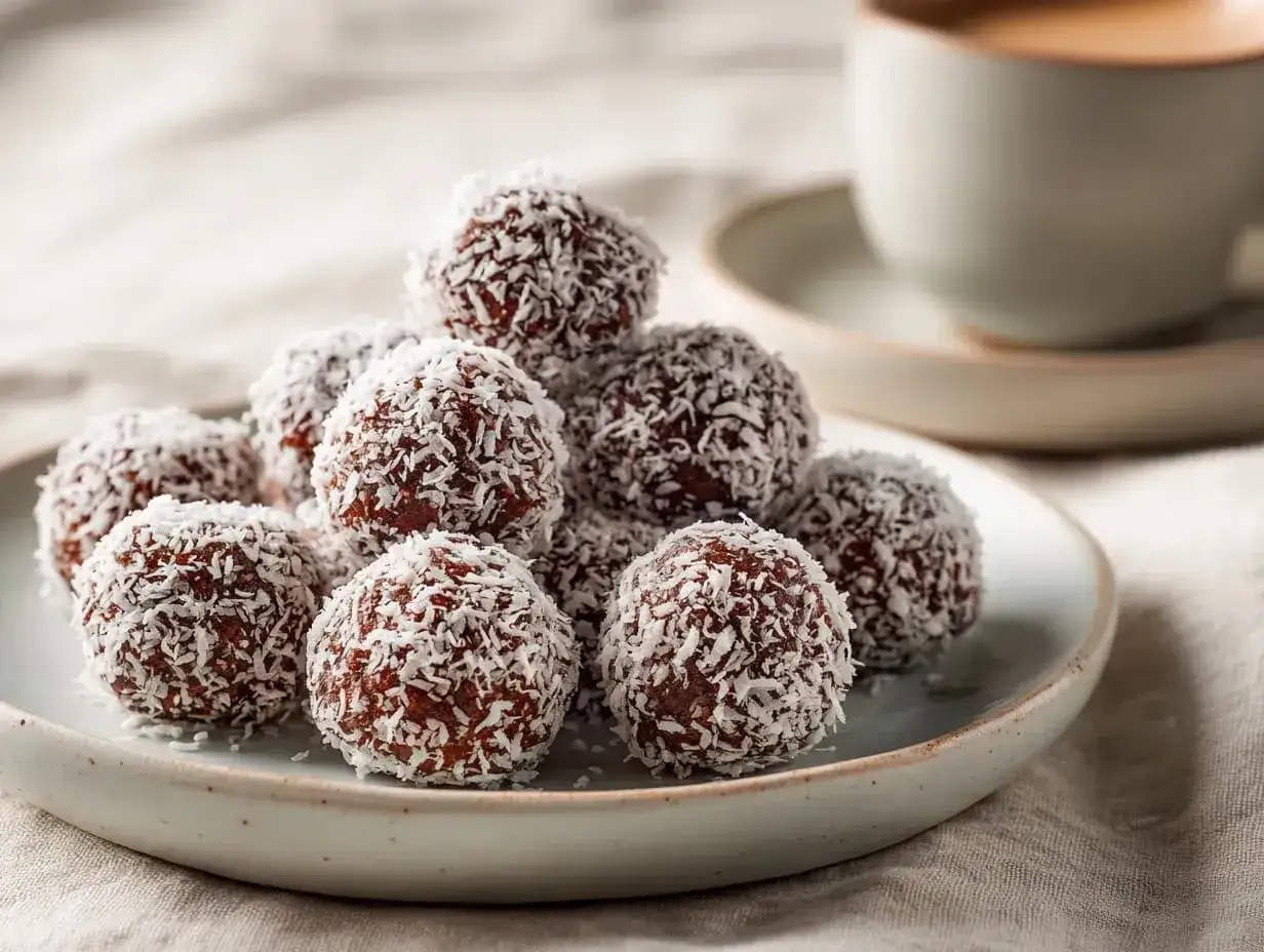 En hög med chokladbollar täckta i kokosflingor, redo att avnjutas. Ett perfekt chokladbollar recept för fikat.