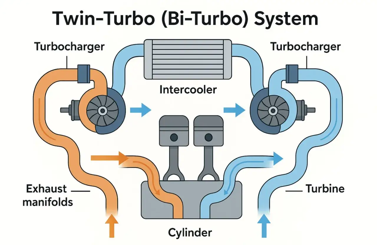 Schemat silnika z dwoma turbosprężarkami, czyli system twin turbo (biturbo). Pokazuje przepływ spalin i powietrza przez turbiny, intercooler i cylindry.