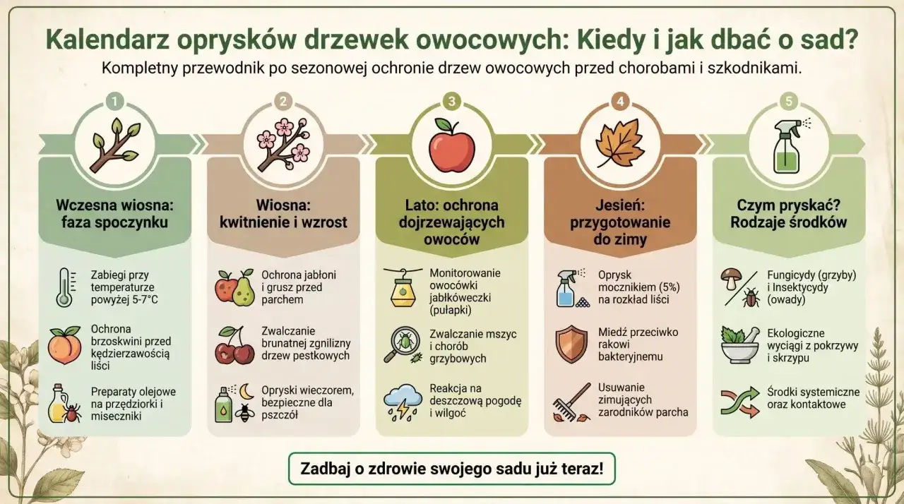 Kalendarz oprysków drzewek owocowych: od wczesnej wiosny do jesieni. Dowiedz się, kiedy pryskać drzewa owocowe, by chronić je przed chorobami i szkodnikami.