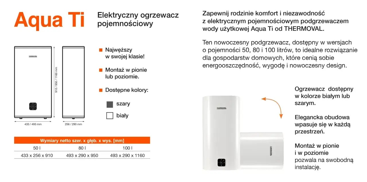 Nowoczesny bojler elektryczny Aqua Ti. Dostępny w kolorze białym lub szarym, z opcją montażu pionowego i poziomego.
