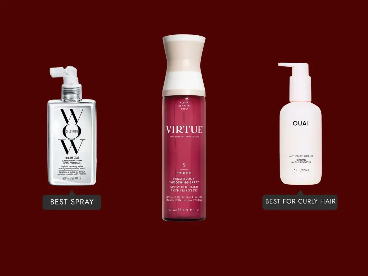 Tre produkter för att bekämpa frissigt hår: Color Wow Dream Coat, Virtue Frizz Block och Ouai Anti-Frizz Crème.