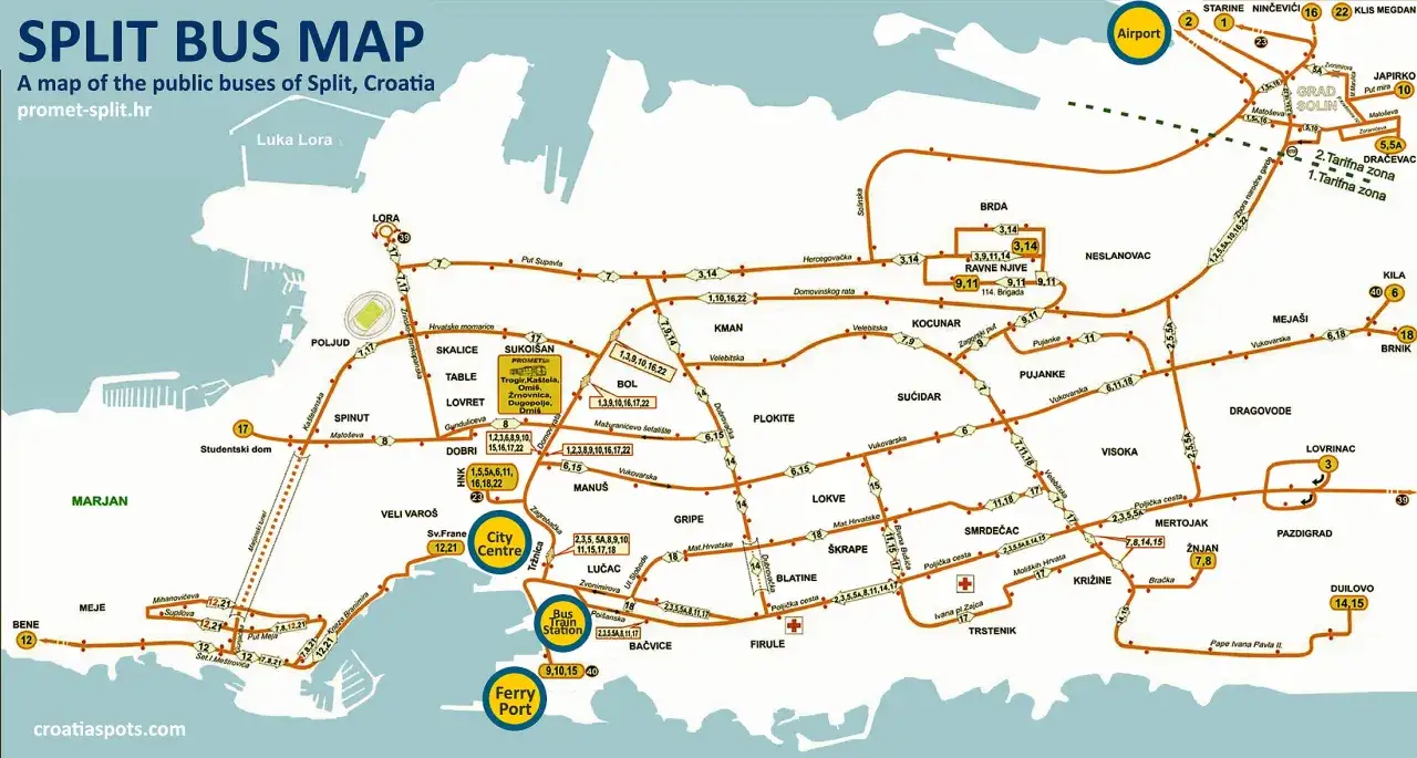 Mapa komunikacji miejskiej w Splicie. Zobacz trasy autobusów i przystanki, aby zaplanować podróż po mieście.