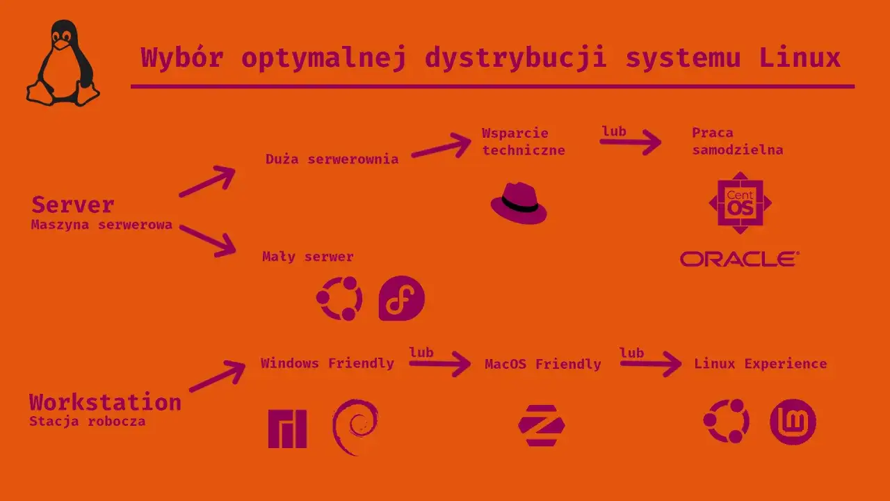 Schemat wyboru dystrybucji polskiego Linuxa: serwer (duża serwerownia, mały serwer) lub workstation (Windows/macOS friendly, Linux experience).
