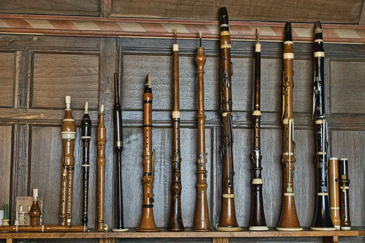 Une collection d'instruments &agrave; vent anciens, une v&eacute;ritable famille des vents, align&eacute;s sur une &eacute;tag&egrave;re en bois sombre.