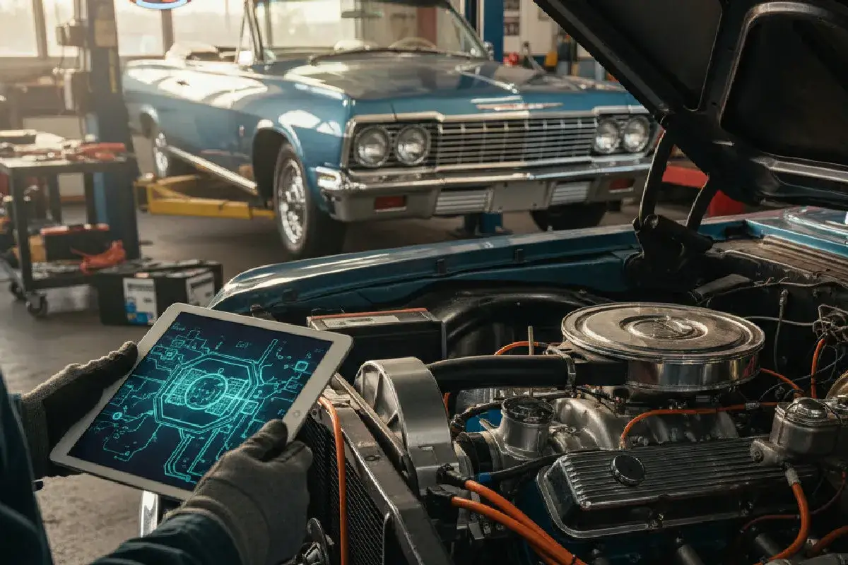 Un mécanicien utilise une tablette pour diagnostiquer une vieille voiture bleue. La prime reprise voiture plus de 10 ans est en cours.