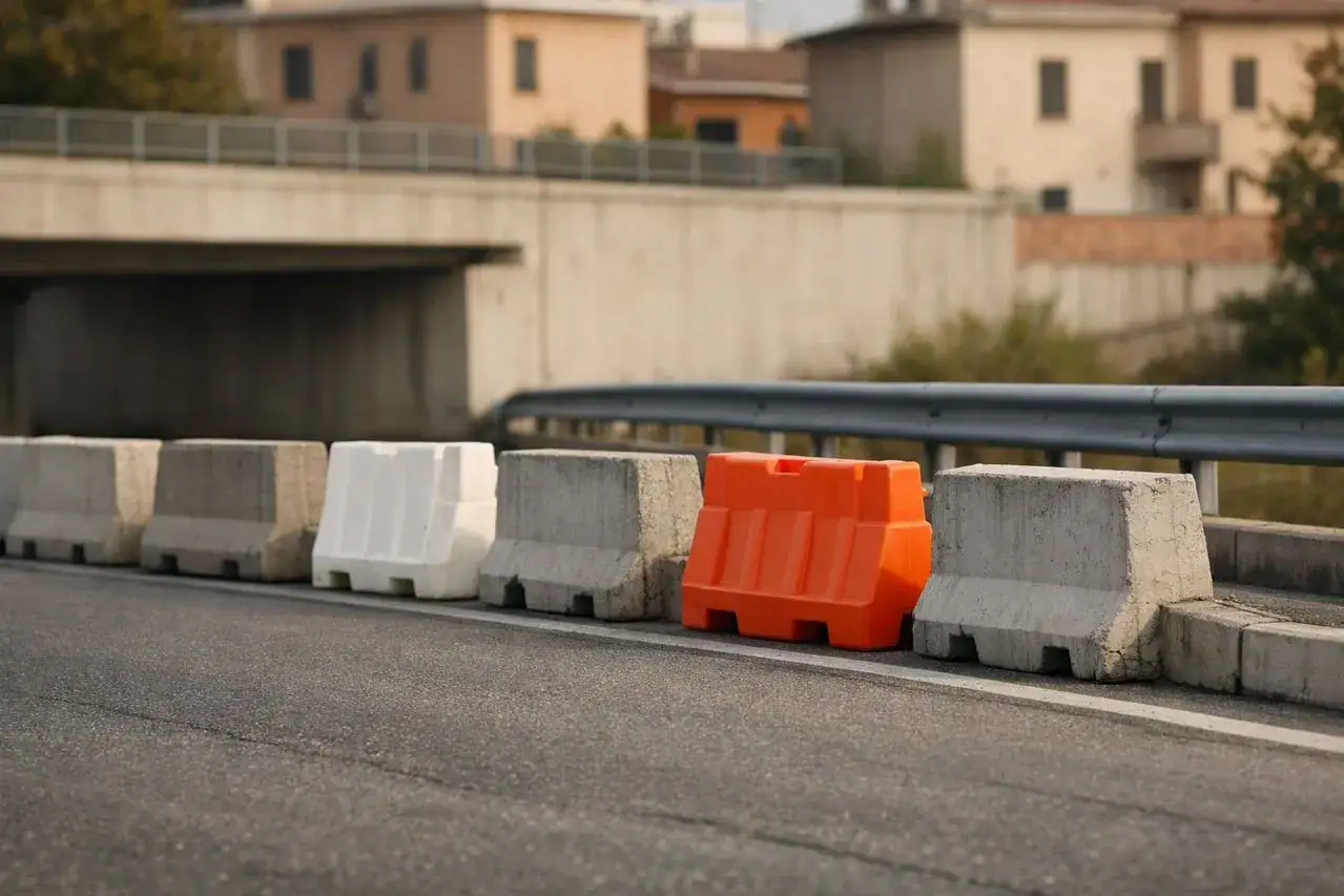 Barriere di cemento e arancioni lungo una strada, un'opera d'arte urbana che delimita il traffico.