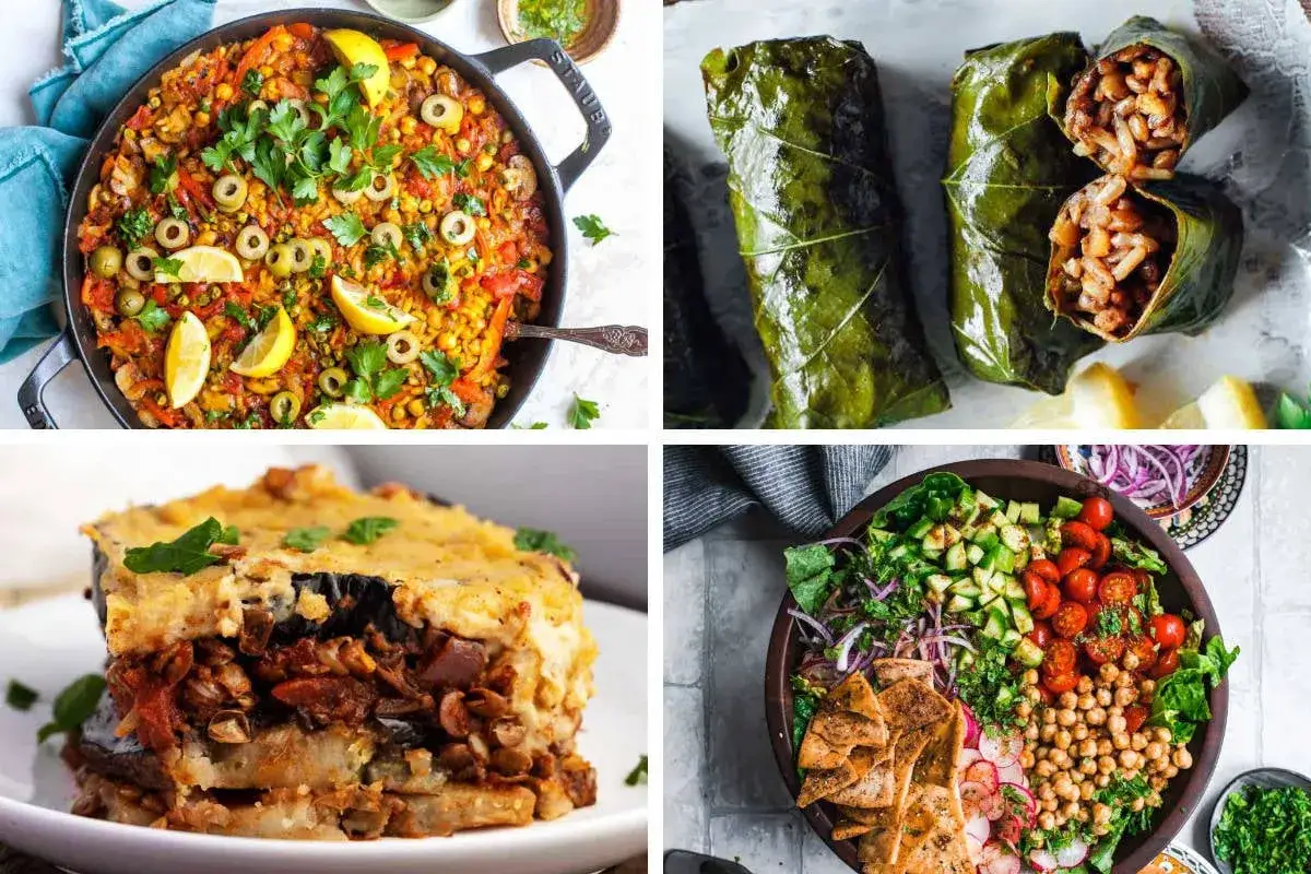 Vier k&ouml;stliche, gesunde vegetarische Rezepte: Paella, Weinbl&auml;tter, Moussaka und ein bunter Salat.