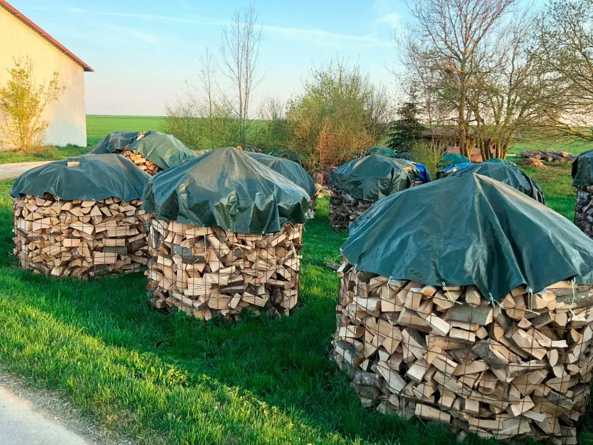 Holz abdecken oder nicht? Mehrere Stapel Brennholz sind mit gr&uuml;nen Planen gesch&uuml;tzt, um sie vor Regen zu bewahren.
