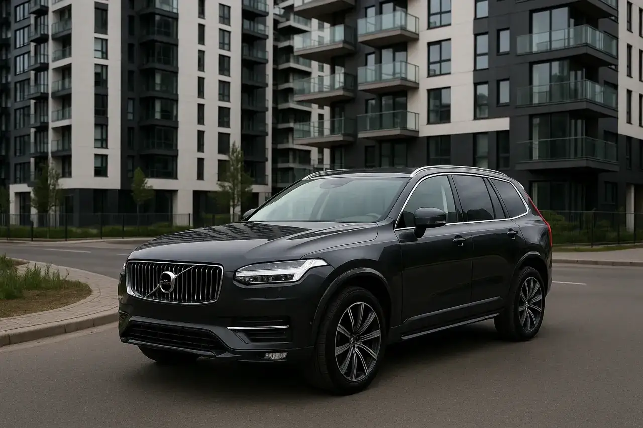 Ciemnoszary Volvo XC90 na tle nowoczesnych budynków. Planowana wymiana oleju w skrzyni automatycznej zapewni płynną jazdę.