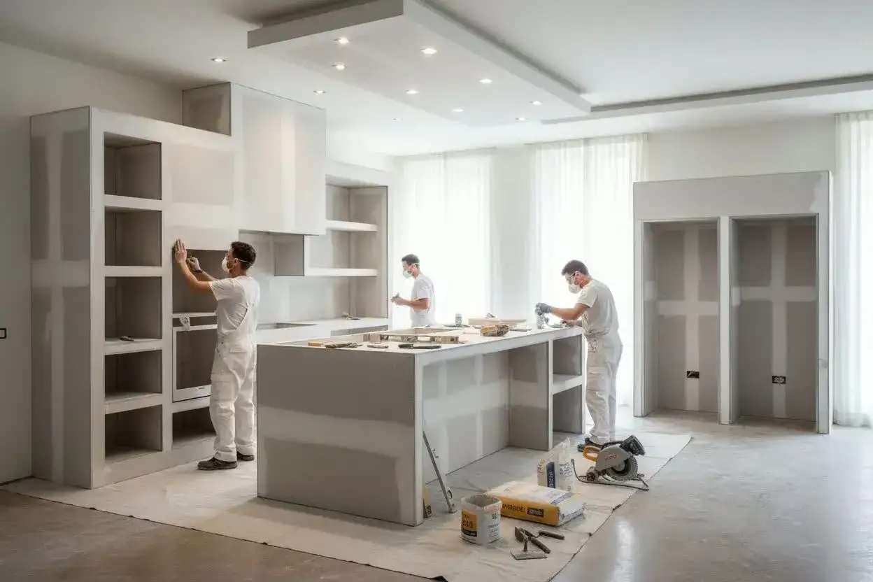 Operai al lavoro su moderne idee dispensa cucina in cartongesso. Costruzione di mobili su misura e isola centrale.