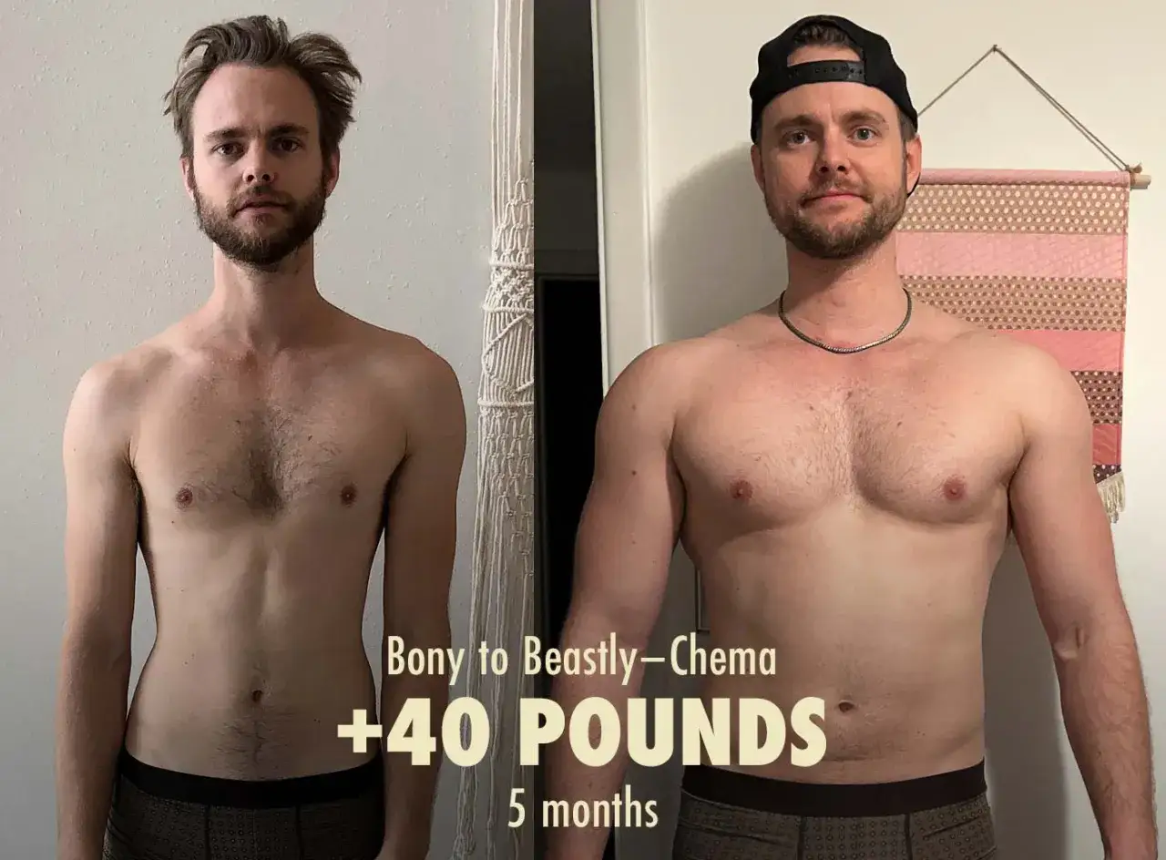 Före- och efterbilder visar en man som gått upp 40 pounds på 5 månader. Kreatin kan ha bidragit till denna viktuppgång.