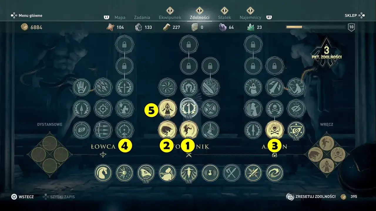 Assassin's Creed Odyssey poradnik: drzewko umiejętności z zaznaczonymi zdolnościami 1, 2, 3, 4 i 5.