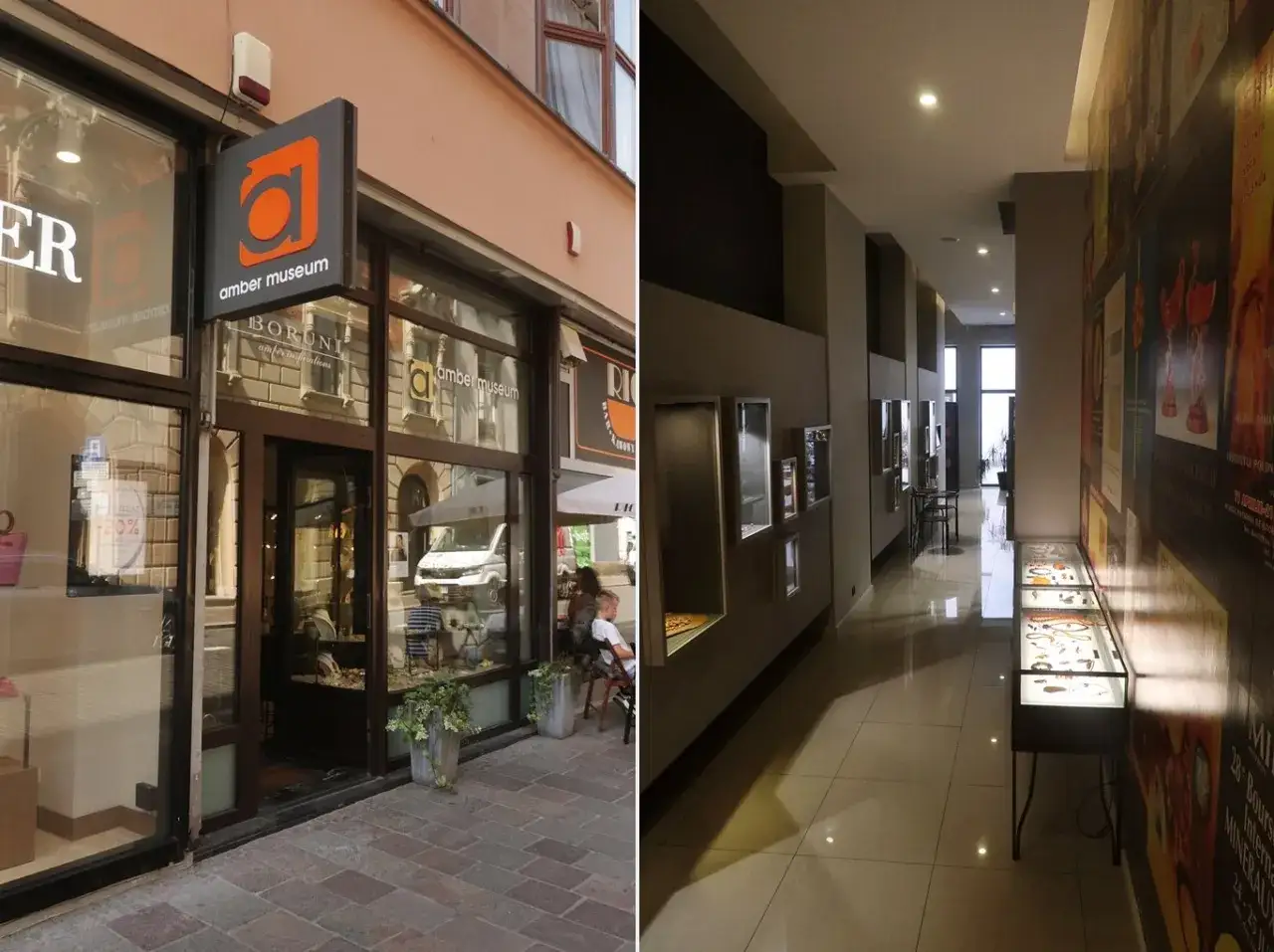 Wejście do Muzeum Bursztynu w Krakowie. Wnętrze z gablotami pełnymi bursztynowej biżuterii i plakatami.