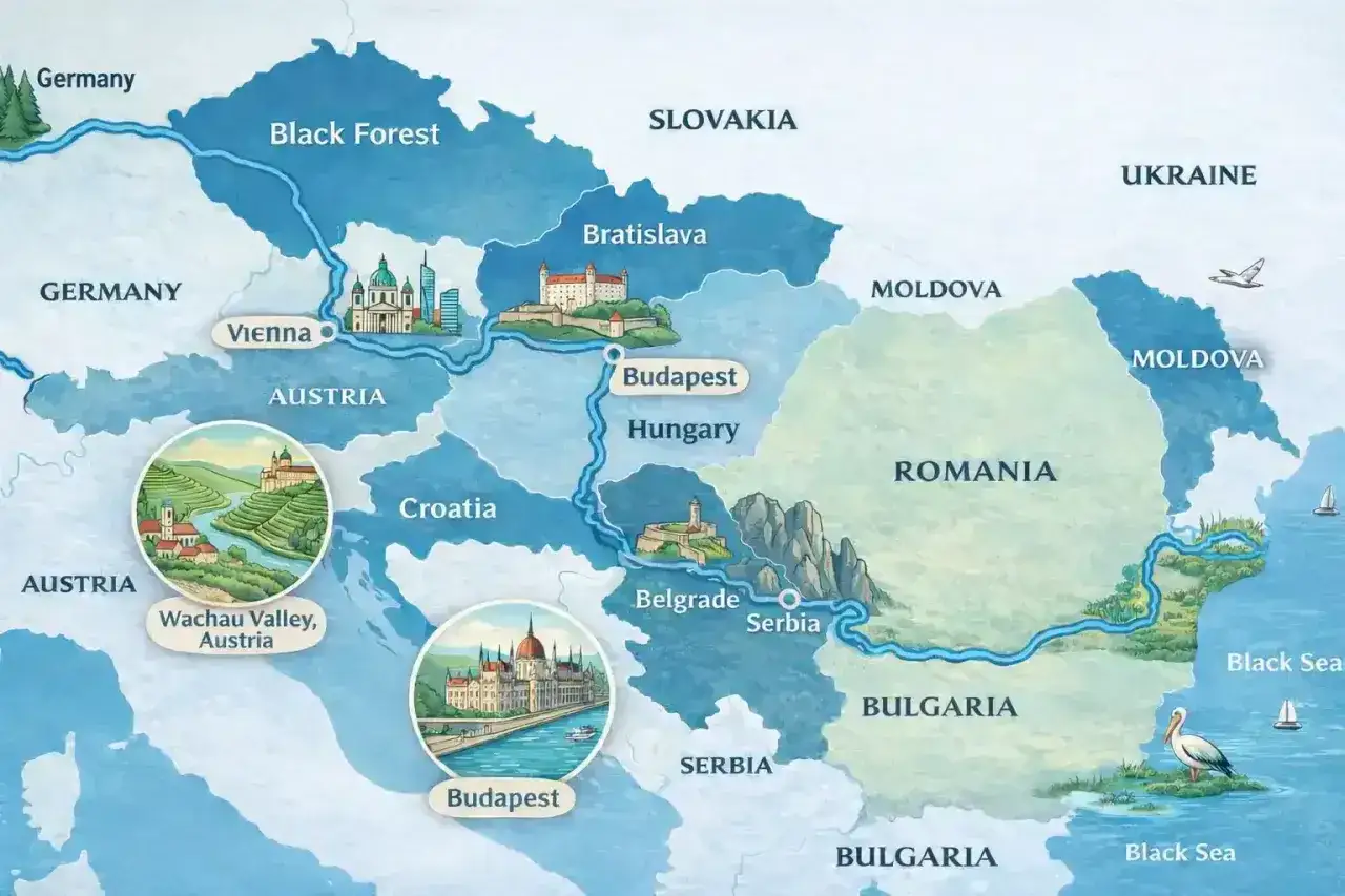 Mapa pokazuje, gdzie płynie Dunaj, od Niemiec przez Austrię (Wiedeń, Dolina Wachau), Węgry (Budapeszt), Serbię (Belgrad) aż do Morza Czarnego.