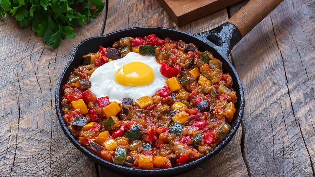 Pisto manchego en sart&eacute;n de hierro fundido, con huevo frito coronando las verduras. Un plato tradicional y delicioso.