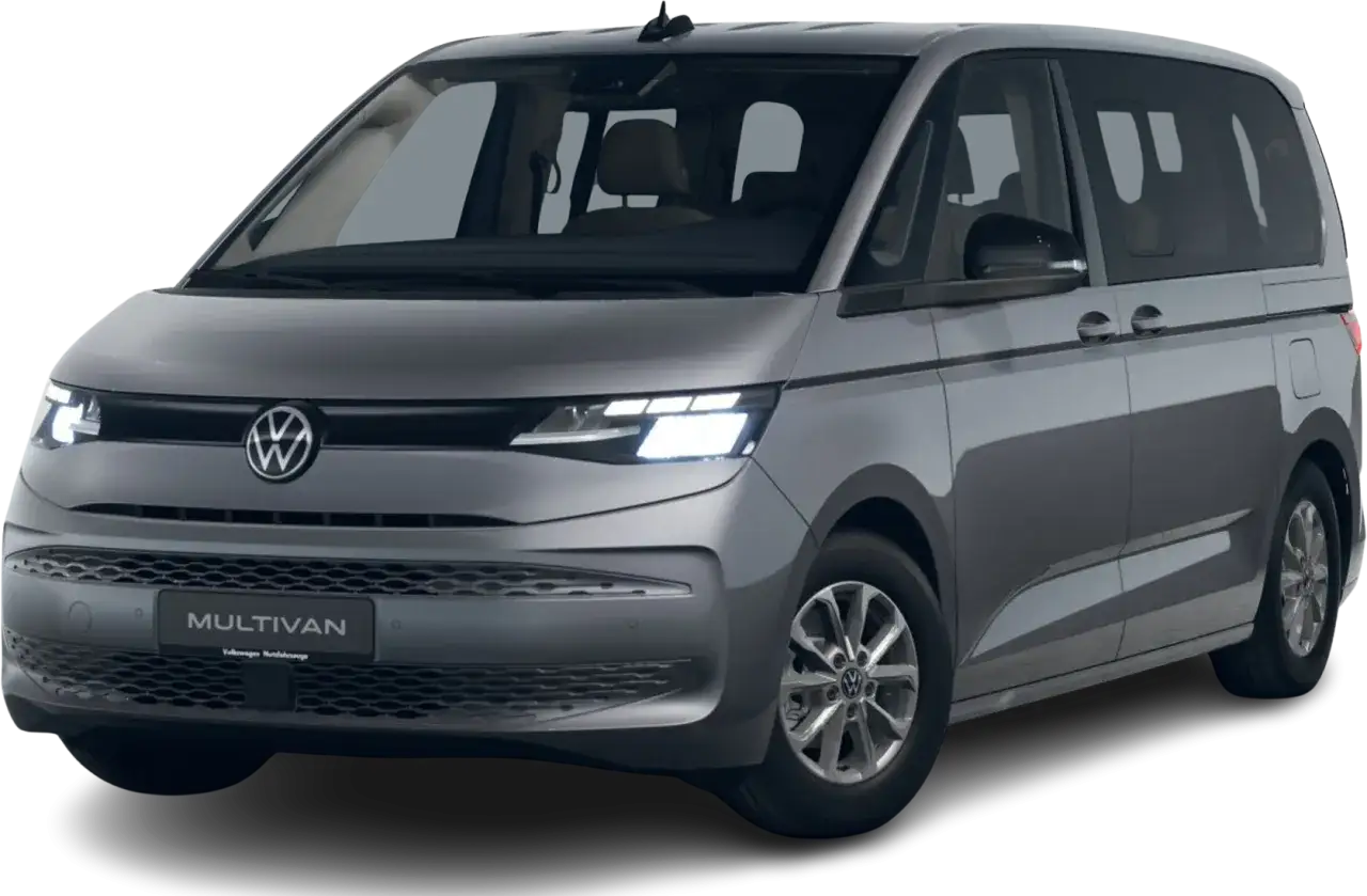 Nowy Volkswagen Multivan T7 w kolorze szarym, z nowoczesnymi światłami LED i elegancką sylwetką, gotowy na rodzinne podróże.
