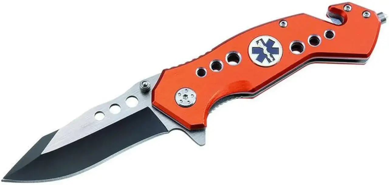 Navaja de rescate naranja con s&iacute;mbolo de estrella de la vida, ideal para emergencias. Navajas Crossnar, tu aliada en situaciones cr&iacute;ticas.