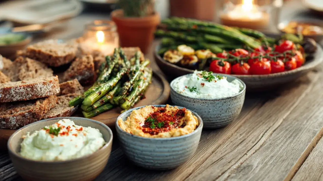 Leckere Dip Rezepte: Hummus, Kräuterquark und gegrillter Spargel mit Brot auf Holztisch.