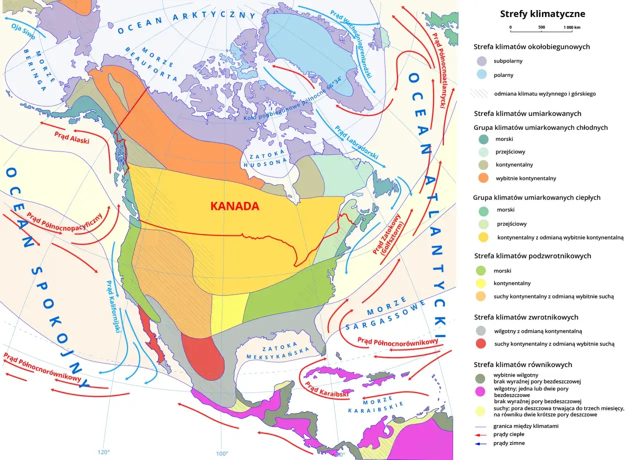Mapa stref klimatycznych Kanady. Kanada graniczy z USA na południu, a na północy z Oceanem Arktycznym.