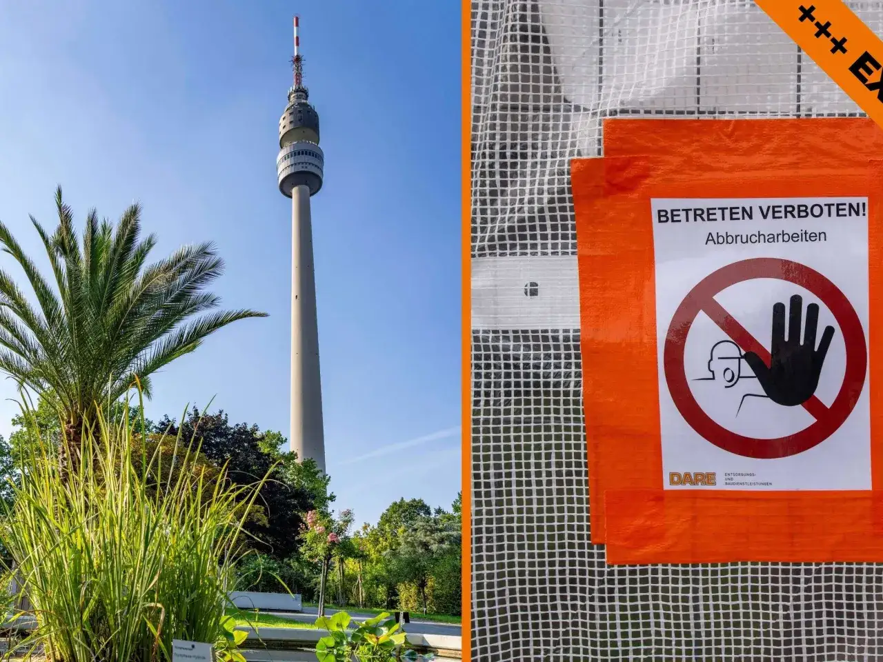 Fernsehturm in Dortmund, umgeben von Grün. Daneben ein Warnschild: