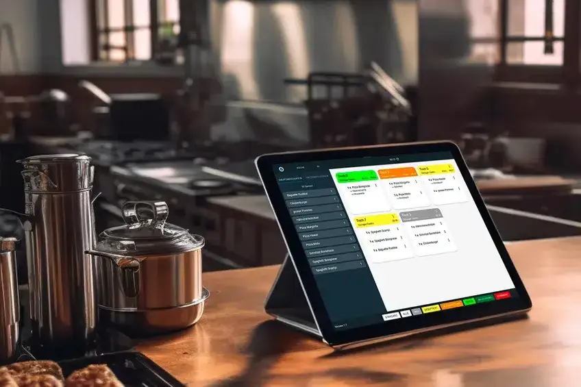 Mitarbeiter in einem Restaurant benutzt ein digitales Bestellsystem auf einem Tablet
