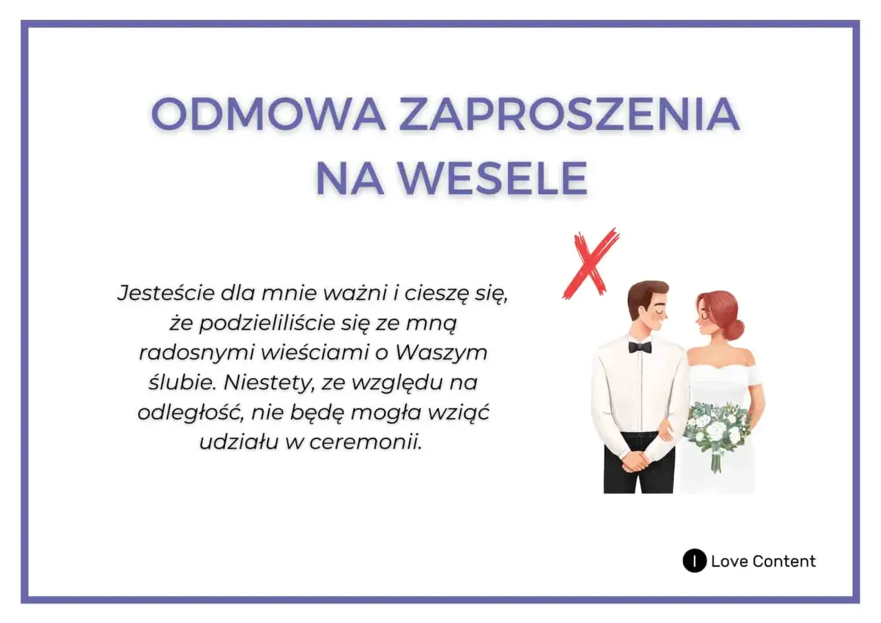 Podziękowanie za zaproszenie i odmowa przybycia na wesele z powodu odległości. Ilustracja pary młodej z przekreśleniem.