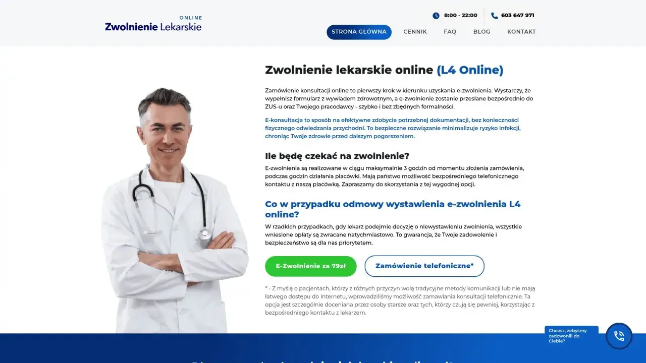 Lekarz w białym kitlu z receptą w ręku, oferuje zwolnienie lekarskie online (L4 Online) za 49 zł.