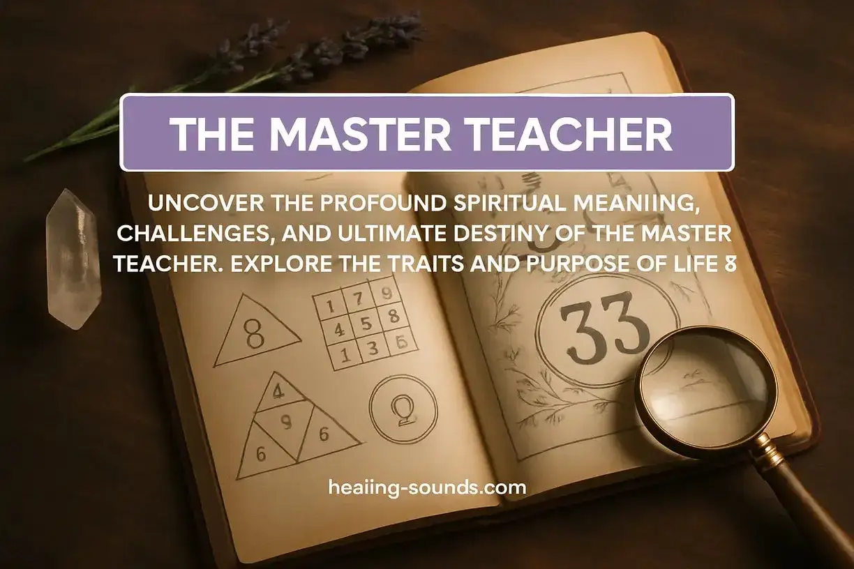 Otwarta księga z numerologią, w tym liczba mistrzowska 33. Obok kryształ i gałązka lawendy.