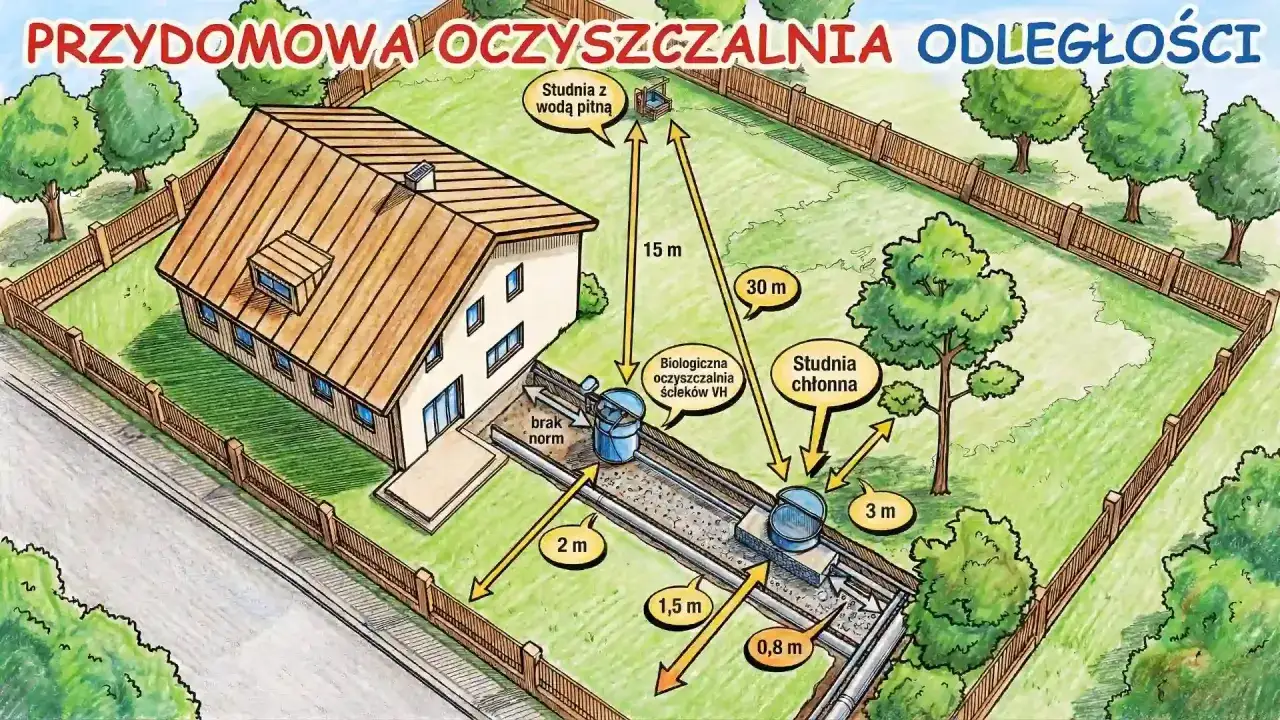 Schemat przydomowej oczyszczalni ściek&oacute;w z zaznaczonymi odległościami do studni z wodą pitną i studni chłonnej.