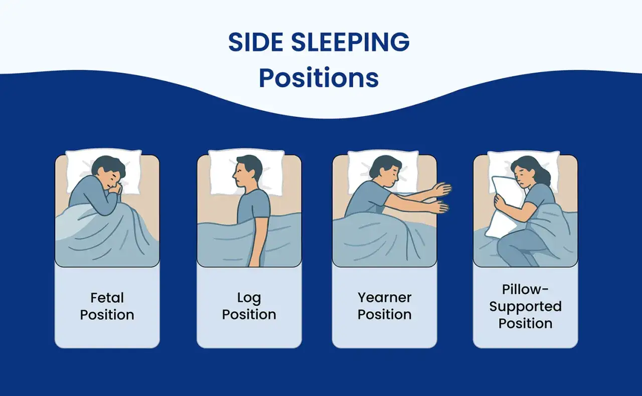 Learn como dormir de lado correctamente with these four positions: Fetal, Log, Yearner, and Pillow-Supported.