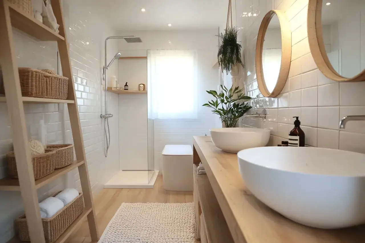 Une **salle de bain blanche** épurée avec des lavabos en céramique, une douche moderne, des paniers en osier et des miroirs ronds.