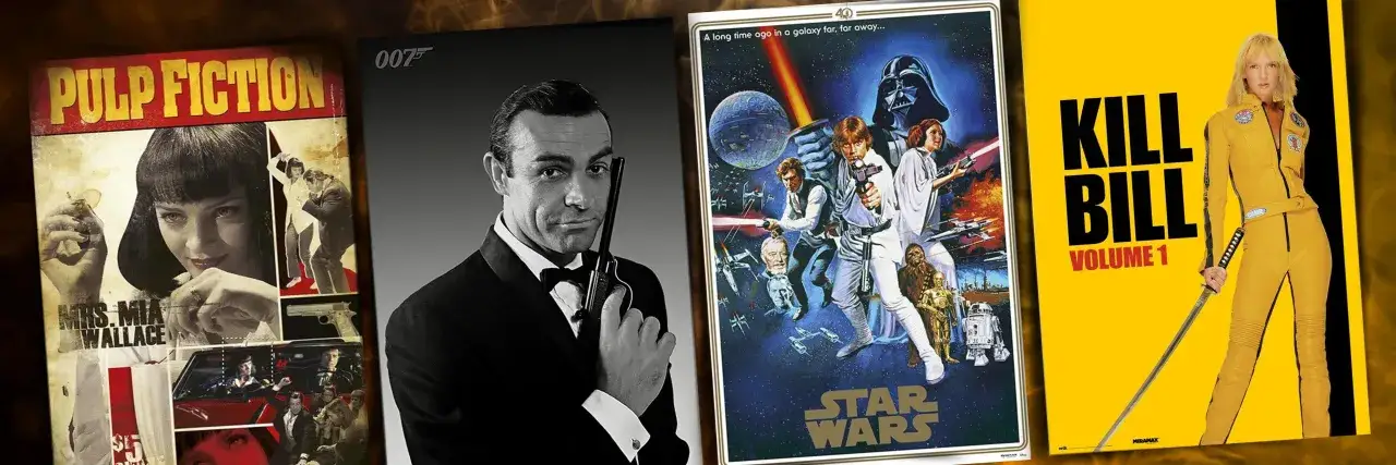 Plakaty z kultowe filmy: Pulp Fiction, James Bond, Gwiezdne Wojny i Kill Bill.