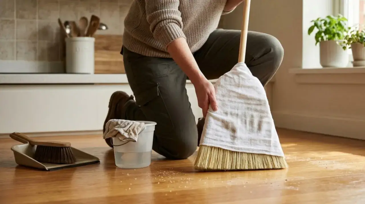 Persona limpiando el polvo del suelo de madera con una escoba y un recogedor.
