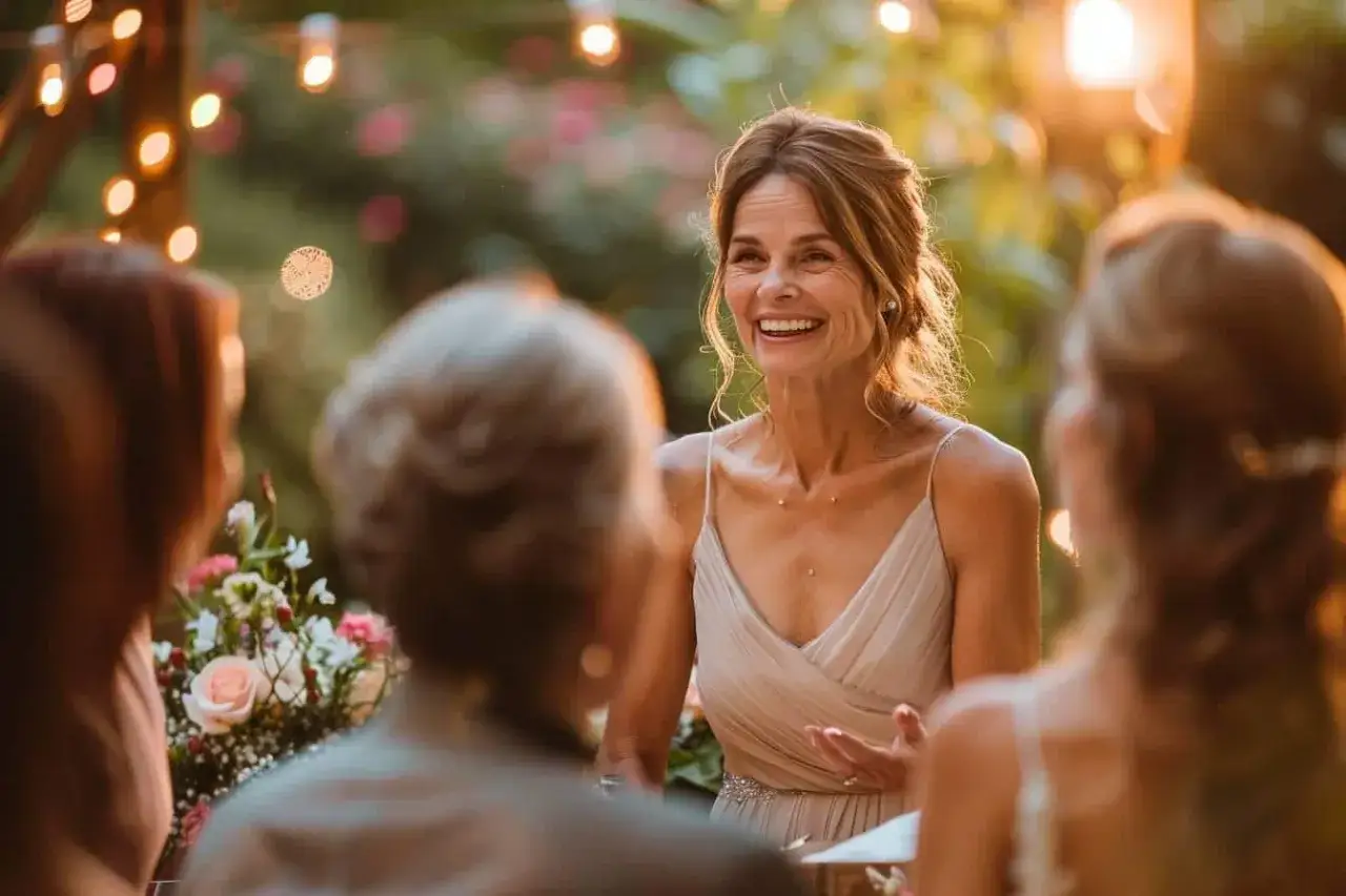 Une marraine émue prononce un discours lors du mariage de sa filleule, entourée de lumières chaudes et de fleurs.