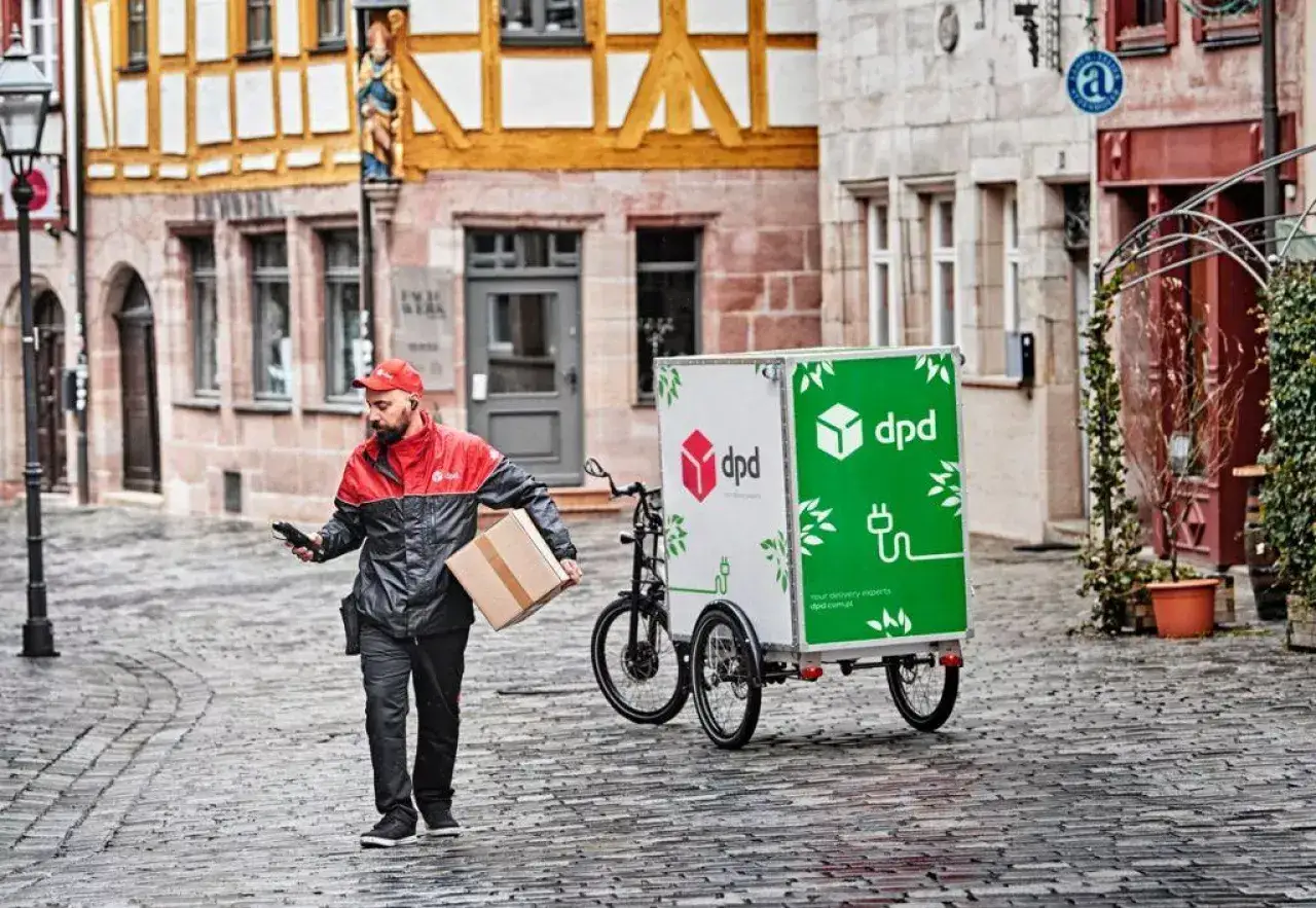 Kurier rowerowy DPD z paczką idzie po brukowanej ulicy. Obok stoi jego tr&oacute;jkołowy pojazd dostawczy z logo firmy.