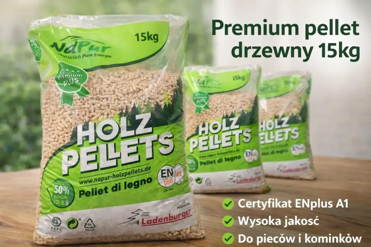 Trzy worki premium pelletu drzewnego 15kg. Czy pellet jest biomasą? Tak, to ekologiczne paliwo. Certyfikat ENplus A1.