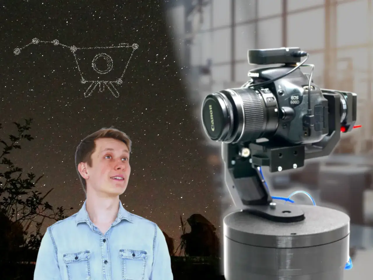 Młody mężczyzna patrzy w nocne niebo, gdzie widnieje rysunek teleskopu. Obok niego zaawansowany aparat do astrofotografii.