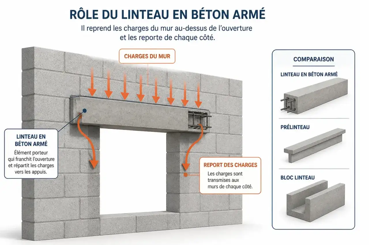Illustration montrant le rôle d'un **pose linteau béton** armé qui reprend les charges du mur au-dessus d'une ouverture et les reporte sur les appuis.