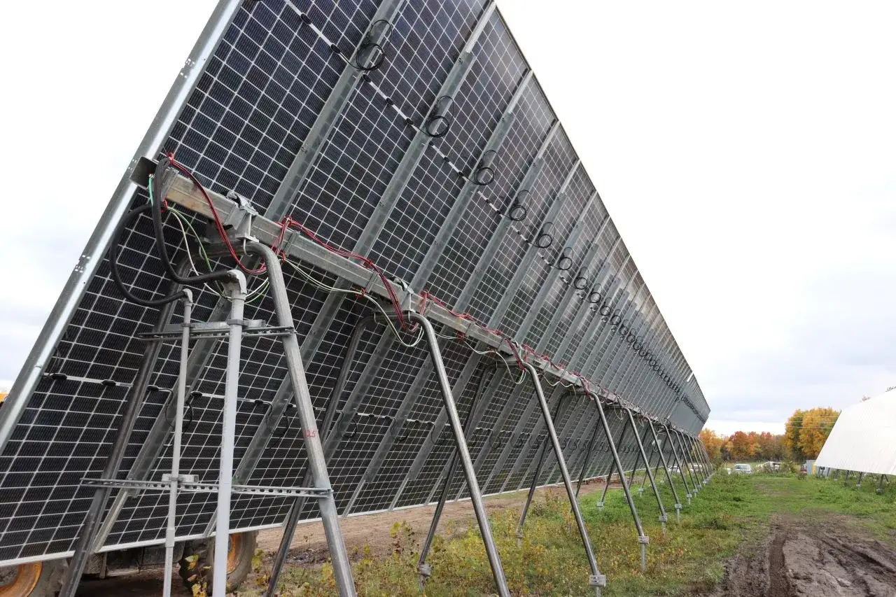 Widok od tyłu na rząd paneli słonecznych. Widać przewody solarne w peszlu i bez, biegnące wzdłuż konstrukcji.