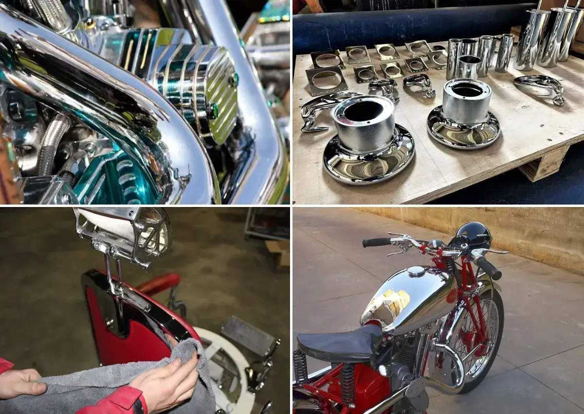 Parti cromate di moto e sedie, pronte per lucidare cromature ossidate e farle brillare.