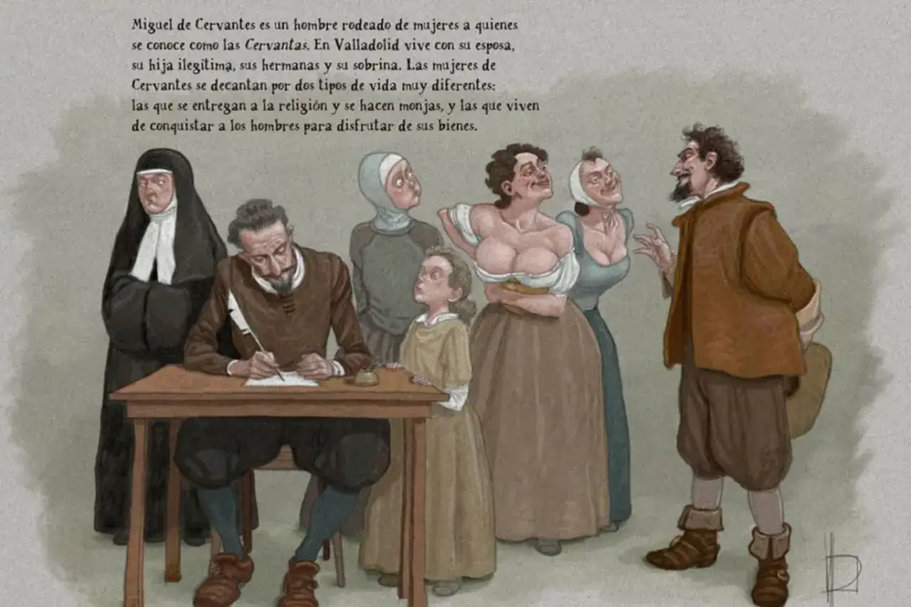 Un hombre escribe, rodeado de mujeres: una monja, una ni&ntilde;a, dos cortesanas y un hombre. Catalina de Salazar, esposa de Cervantes, podr&iacute;a ser una de ellas.